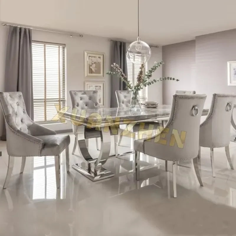 2026 Hot Sale Dining Table and 6 Chairs Set for Modern Home Grey High-End Marble Dining Table Set