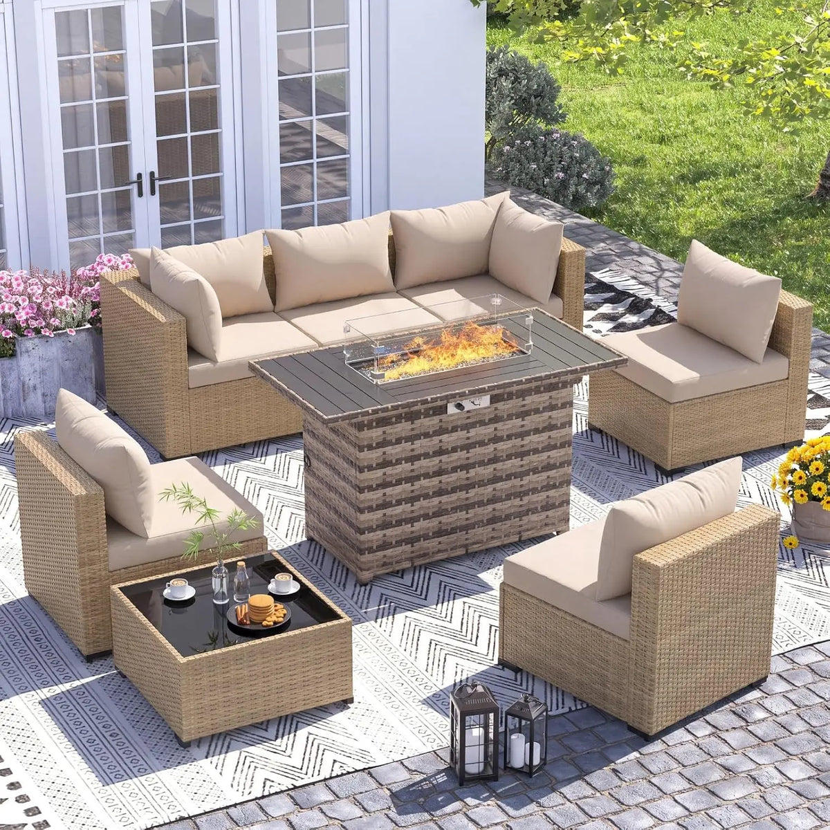 8-Piece Wicker Patio Furniture Set with 44" Fire Pit Table for Outdoor Garden, Custom