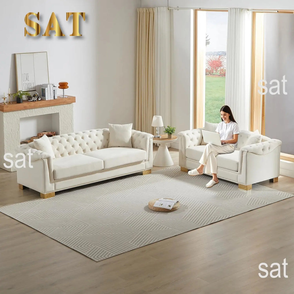 #2 Pieces 84" 3-Seater + 62" Loveseat Beige Velvet Sofa Sets, 4 Cushion Classic 6.5" Rolled Arm Modern, Customized