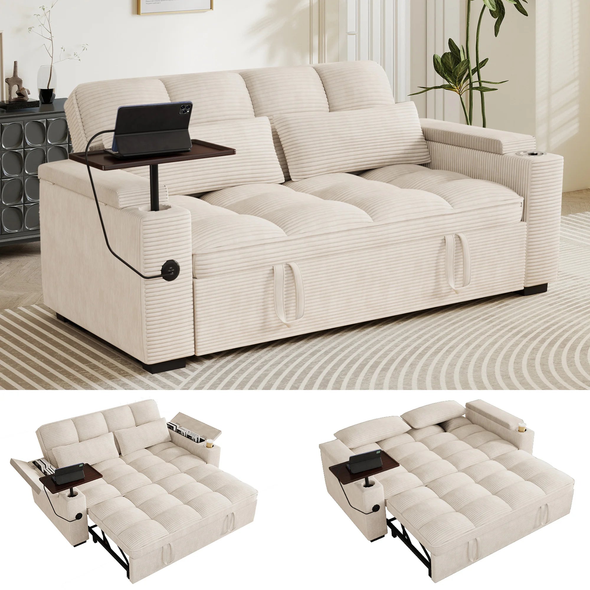 65" 3-in-1 Folding Convertible Sofa Bed with 360° Swivel Side Table, Pull Out Couch USB Charging, Modern Corduroy Chenille, Black