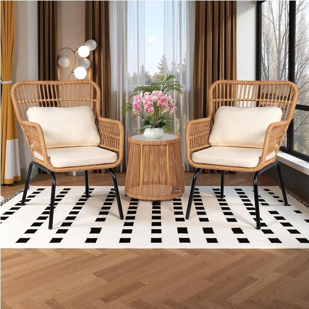 3-Piece Outdoor Wicker Bistro Set with 2 Rattan Chairs and Tempered Glass Table for Patio, Balcony, Poolside, and Backyard in Be