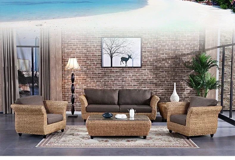 Nordic Retro Rattan Outdoor Garden Sofas Living Room Sofa Coffee Table Combination Home Furniture Leisure Homestay Sofa Chair