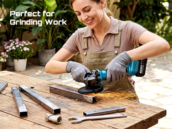 SEESII Angle Grinder Tool Cordless Brushless 4 1/2 Inch Variable Speed Settings 10000RPM Handheld Electric Power Tool with Cutting Wheels and Flap Wheels 4.0 Battery
