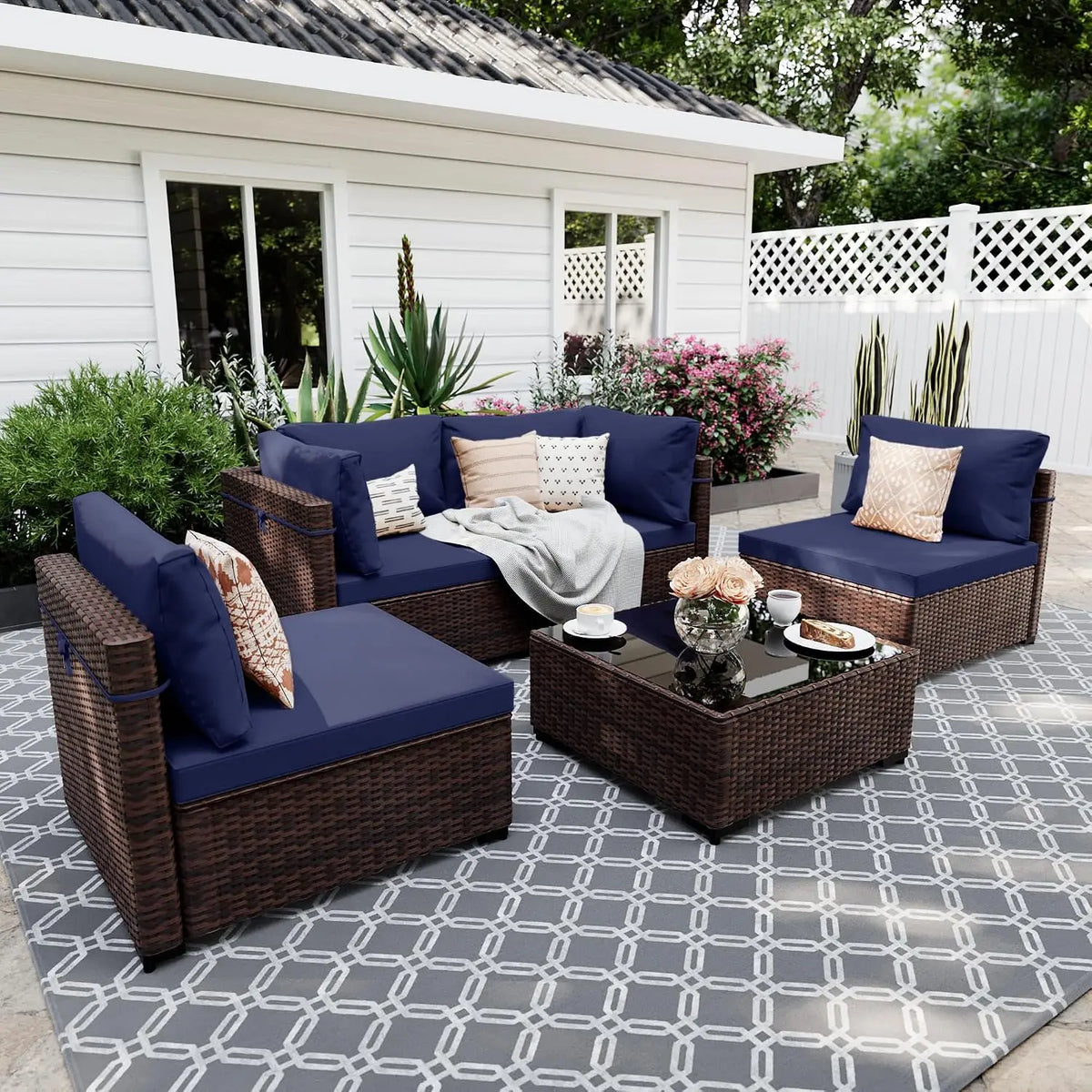 5-Piece Wicker Patio Sofa Set with Coffee Table for Outdoor Garden Balcony, Custom
