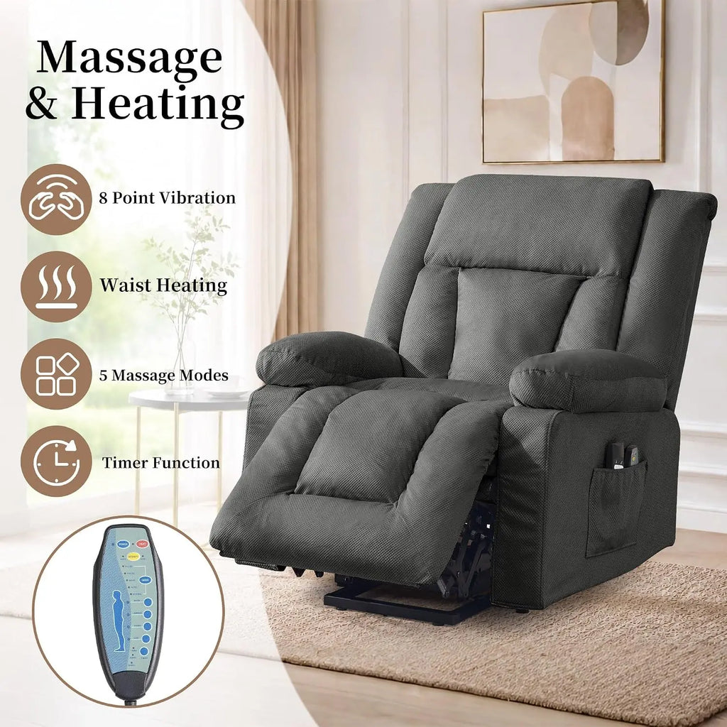Dual Motor Power Lift Recliner Chair for Elderly Massage Heat Oversized Electric Recliner Side Pockets Living Room Waffle Grey