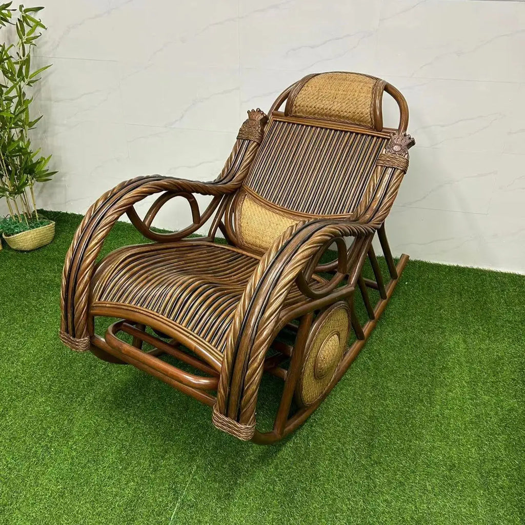 E153 Natural Real Rattan Elderly Nap Home Lazy Rocking Chair Adult Balcony Leisure Recliner