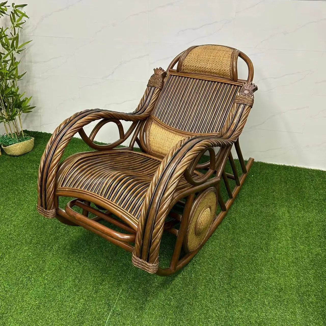 E153 Natural Real Rattan Elderly Nap Home Lazy Rocking Chair Adult Balcony Leisure Recliner