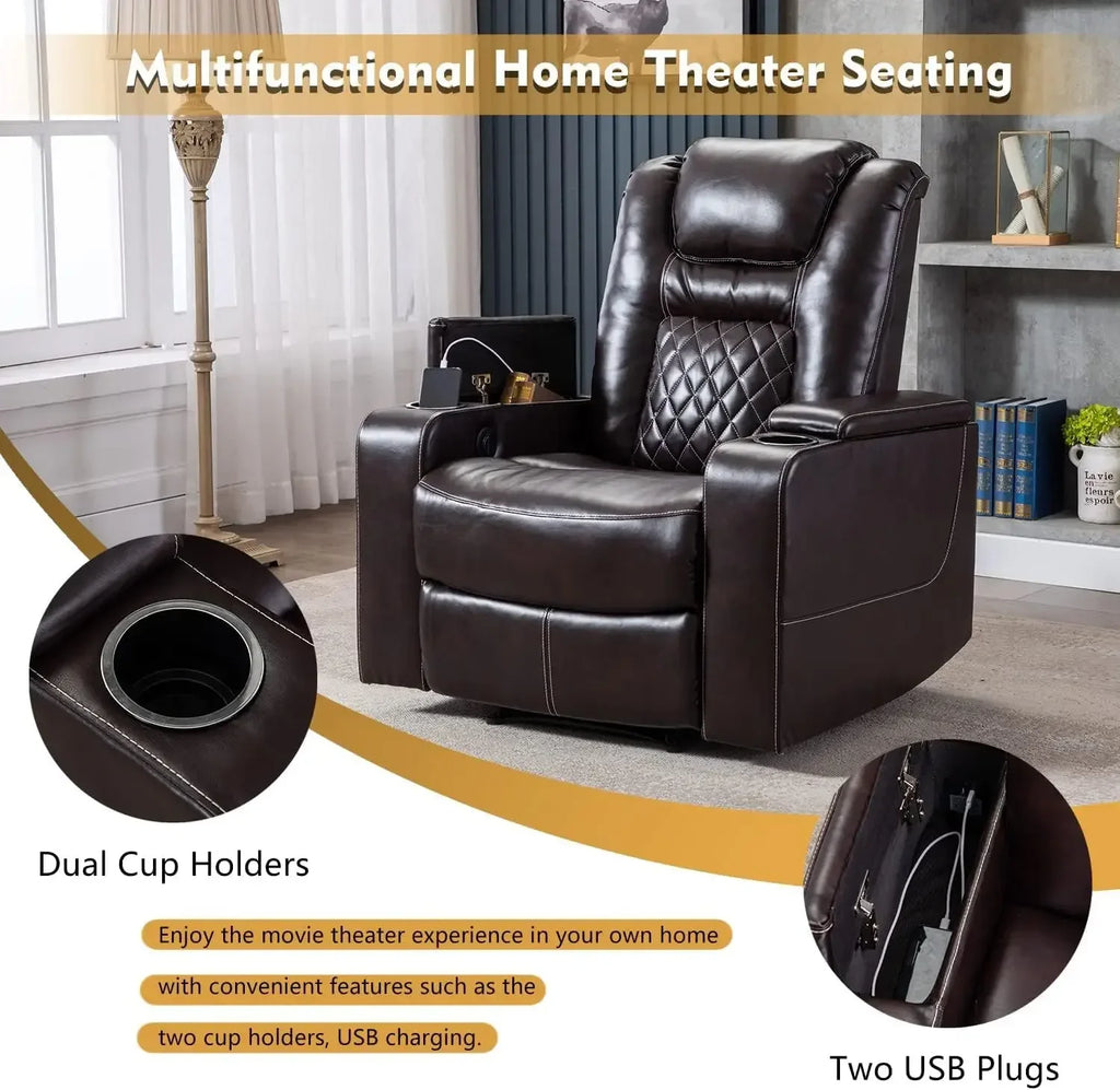 Electric Power Recliner Chair with USB Ports and Cup Holders, Breathable Leather Home Theater Seating with Hidden Arm Storage
