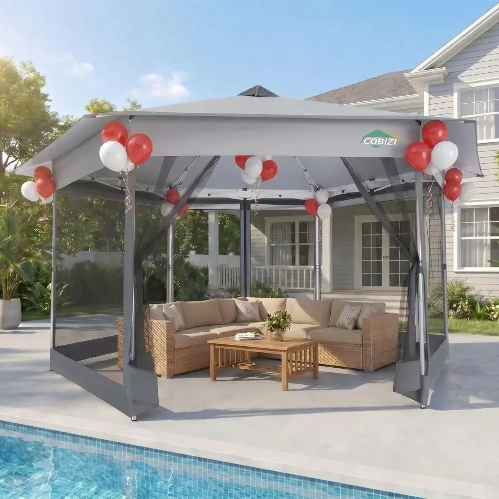 Pop Up Gazebo16x16 Tent with Mosquito Netting, White Gazebos on Clearance, Hexagonal Outdoor Canopy Shelter, Center Lock 6Sided