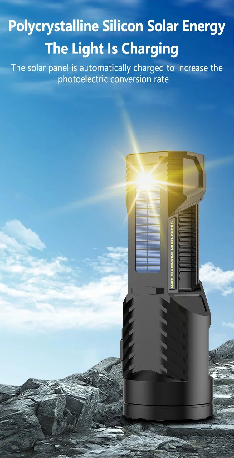 Powerful XHP70 LED Flashlight Solar Charging Searchlight Long Range USB Rechargeable Camping Lantern Multifunctional Work Light