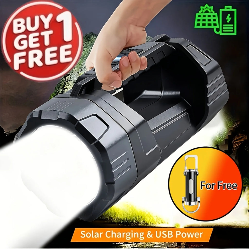 Buy One Get One Free, Total Of 2pcs. Multifunctional Solar LED Flashlight with COB Side Light, USB Rechargeable Handheld Searchlight with Power Display, Portable Emergency LanternFor Camping, Hiking, Father'S Day Gift