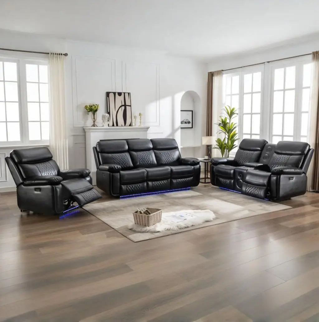 #￥Custom 3+2+1 Seat PU Leather Power Reclining Chair Smart Electrical Recliner Sofa Couch Set with Dropdown Table LED Cup Holder