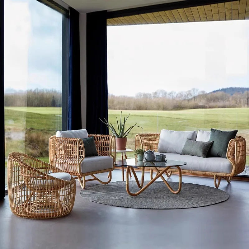 Outdoor rattan sofa, tea table combination, courtyard garden, terrace, leisure woven rattan chair, outdoor furniture