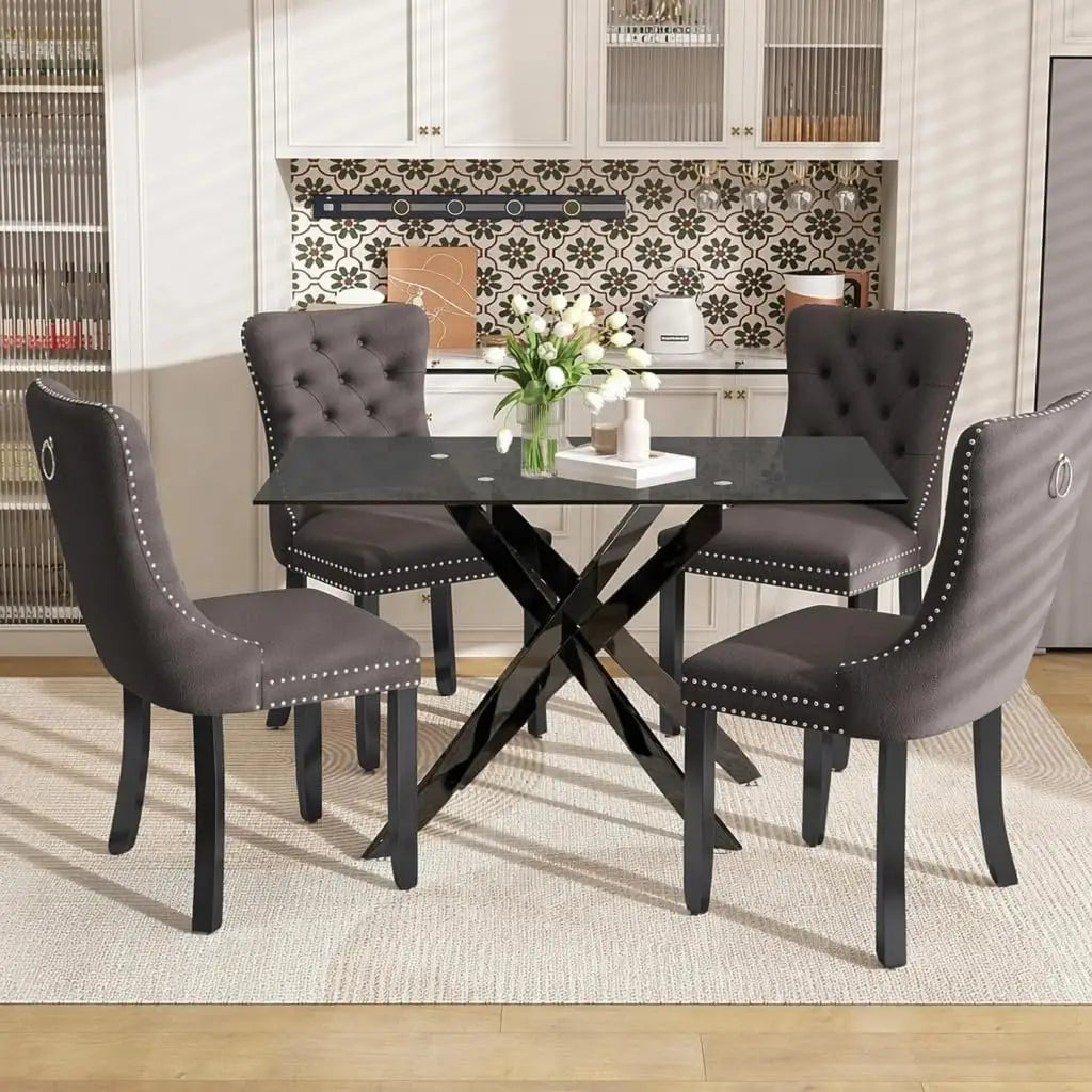 51" Glass Dining Table Set for 4, Grey | Tempered Glass Top, Silver Metal Legs, Velvet Chairs, Modern Dining Room Set, Custom