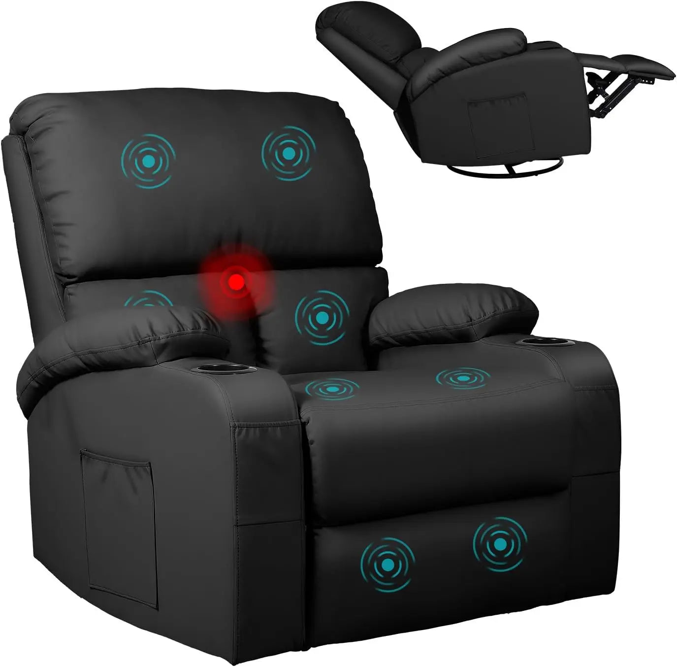 Rocking Recliner Chair, Massage Rocker Recliner Chair with Vibration Massage and Heat, 360° Swivel Faux Leather Chairs, Living R