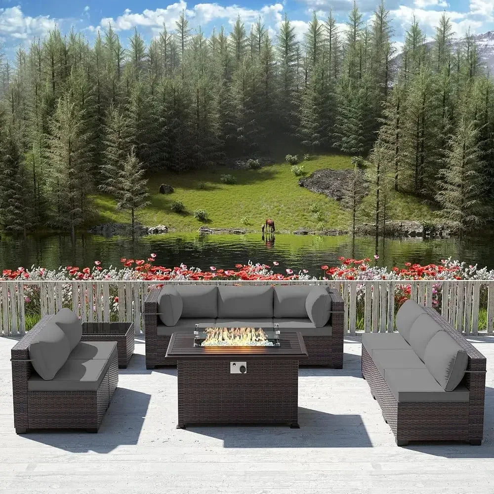 10 Pieces Outdoor Patio urniture Set,Outdoor Sectional urniture with 43" 55000 Gas Propane ire Pit Table,All Weather PE Rattan W