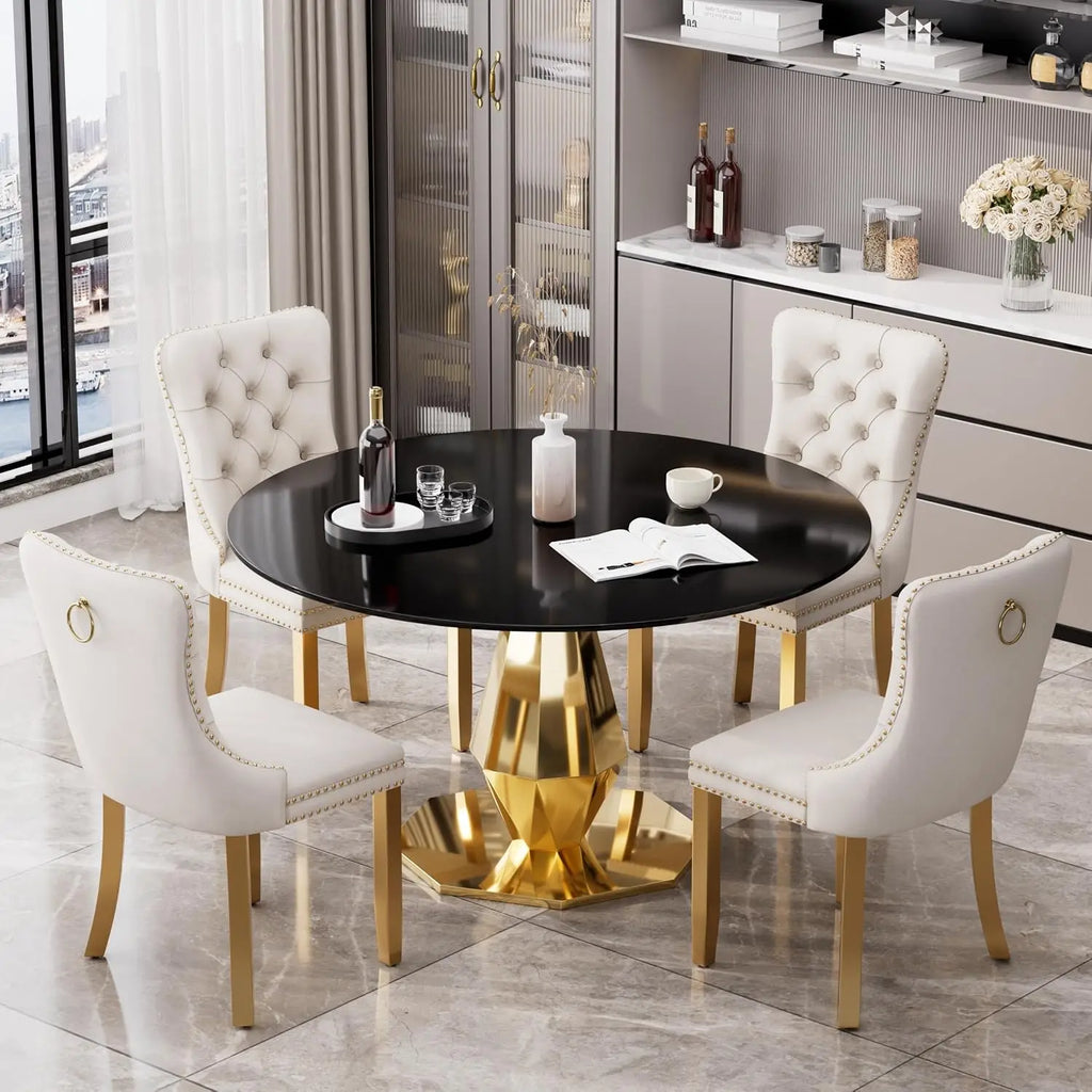 Round Dining Table 47" Black Glass Top Steel Base Modern Luxury Kitchen Dinner Table for 4-6 Home Living Room, Customized