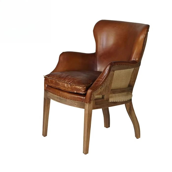 Antique French Rustic Dining Room Chair Brown Genuine Leather Wood Accent Chair Mid Century Vintage Leather Dining Chair