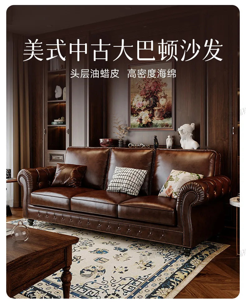 4-10 genuine leather sofa, living room 3-4 seater sectional, vintage oil wax leather brown straight sofa