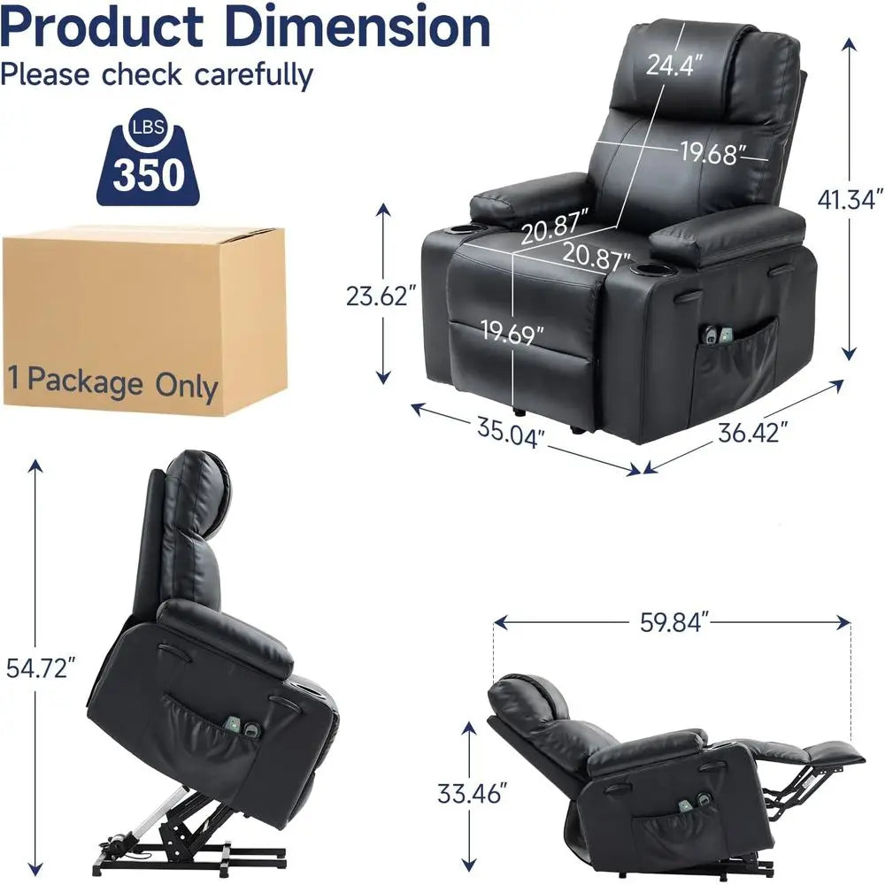 Power Lit Recliner Chair or Elderly with Massage & Heat, 160° Adjustable PU Leather Electric Recliner with Remote, Cup Holders,