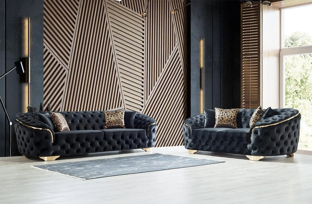 A Light Luxury Living Room Black Velvet 2 Seater Sofa With Gold Leg Upholstered Tufting Loveseat Lounge Sofas Couch Sets