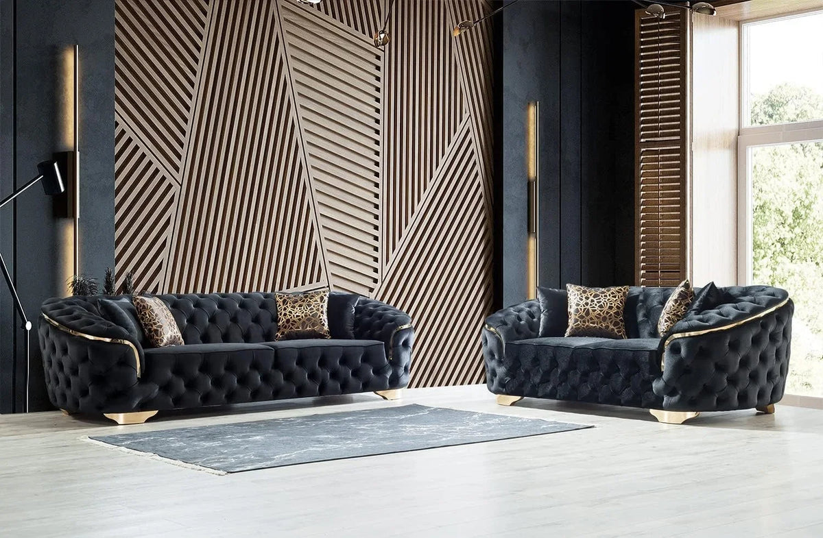 A Light Luxury Living Room Black Velvet 2 Seater Sofa With Gold Leg Upholstered Tufting Loveseat Lounge Sofas Couch Sets