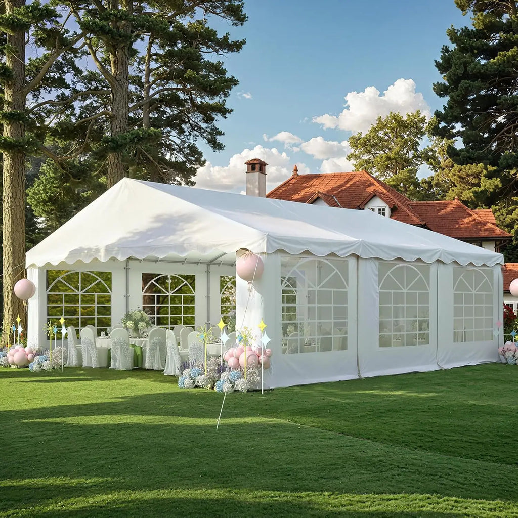 20X20FT Party Tent, White Outdoor Wedding Canopy with Removable Sidewalls and Church Windows, Heavy Duty Pavilion, Customized