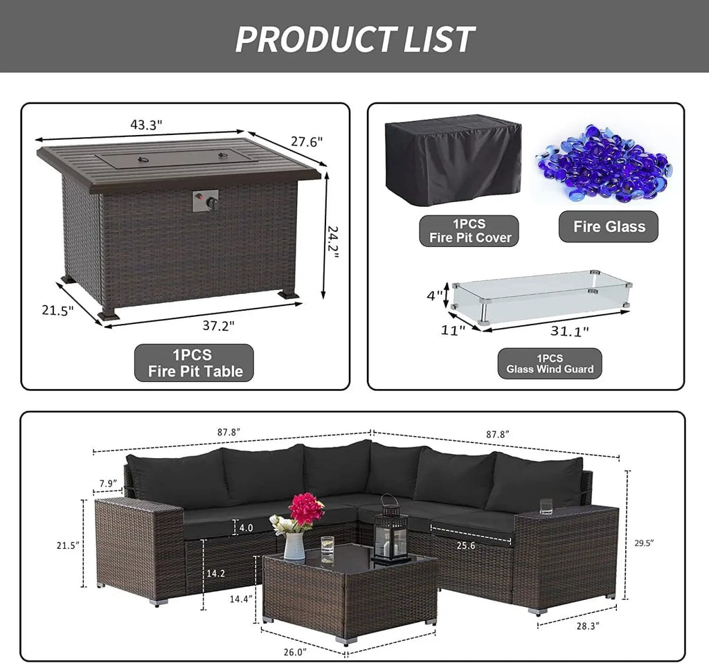 7-Piece Wicker Patio Furniture Set with Fire Pit Table, Outdoor Sectional Sofa, Customized