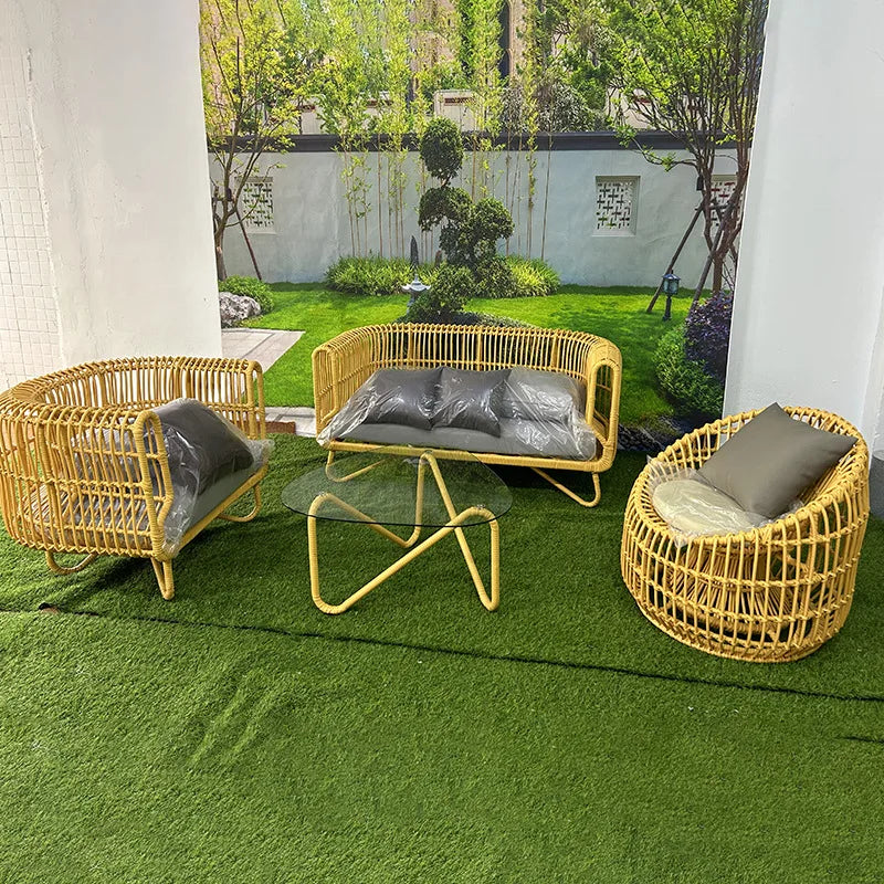 Outdoor rattan sofa coffee table combination courtyard garden terrace casual woven rattan chair outdoor waterproof and sunscreen