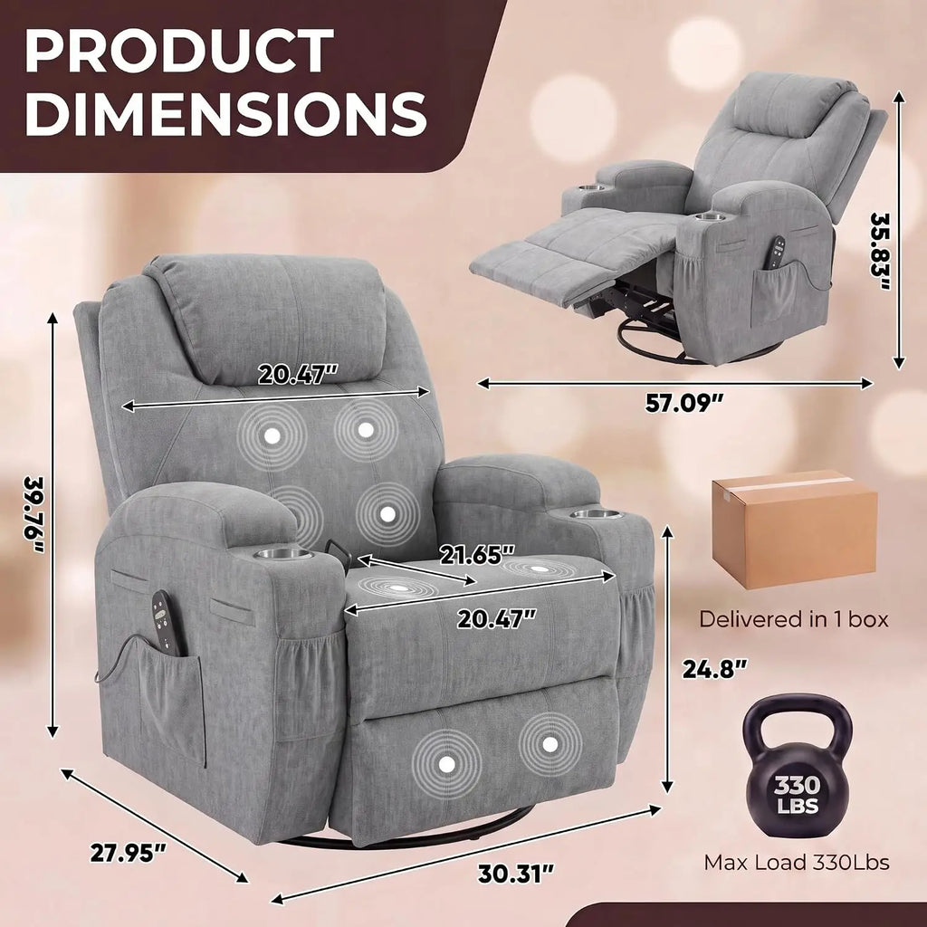 Small Swivel Rocker Recliner, 360 Rocking Chair Recliner with Massage, Upholstered Fabric Rocker Recliner with Cup Holder for Li