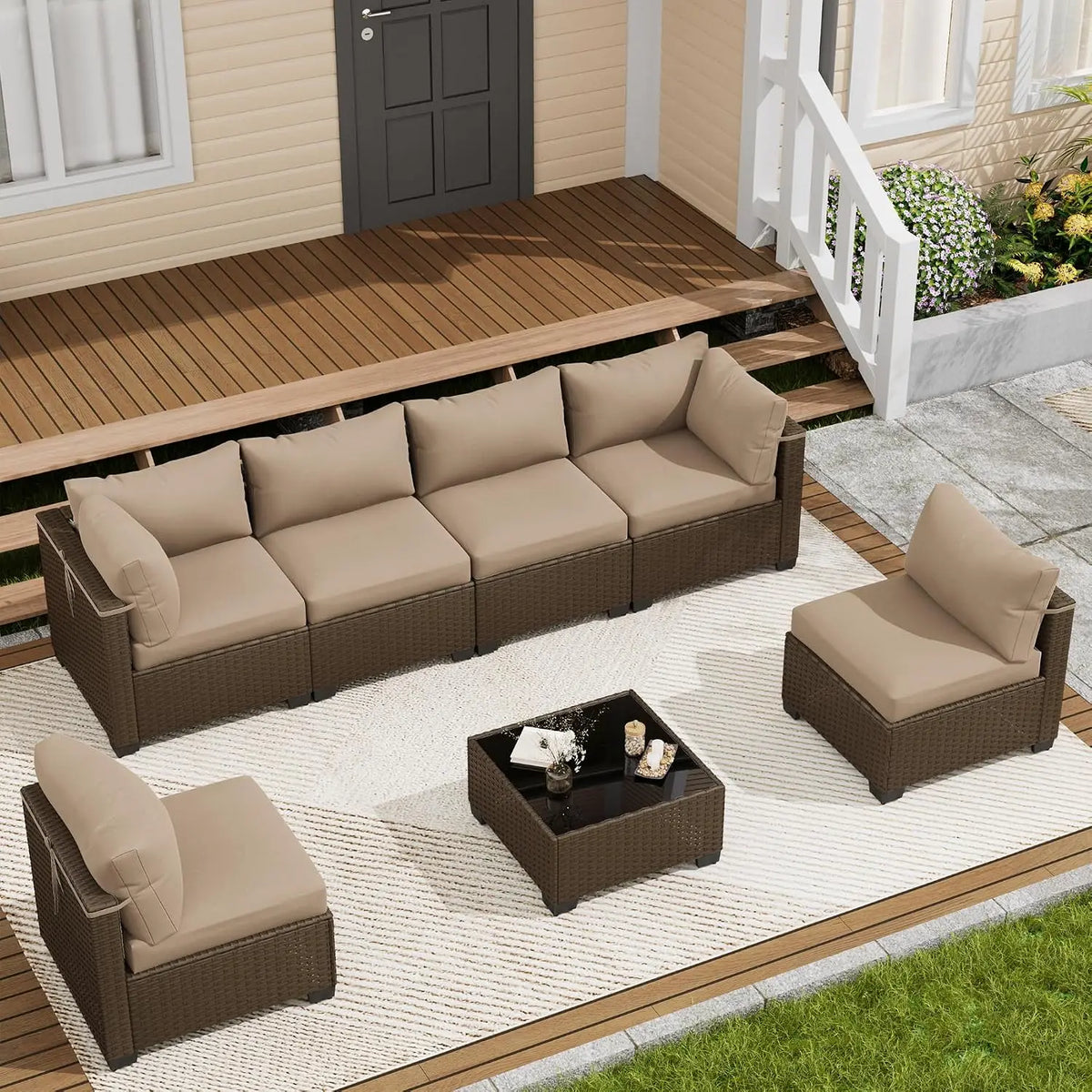 7 Piece Wicker Rattan Patio Conversation Set, Outdoor Sectional Sofa, Custom