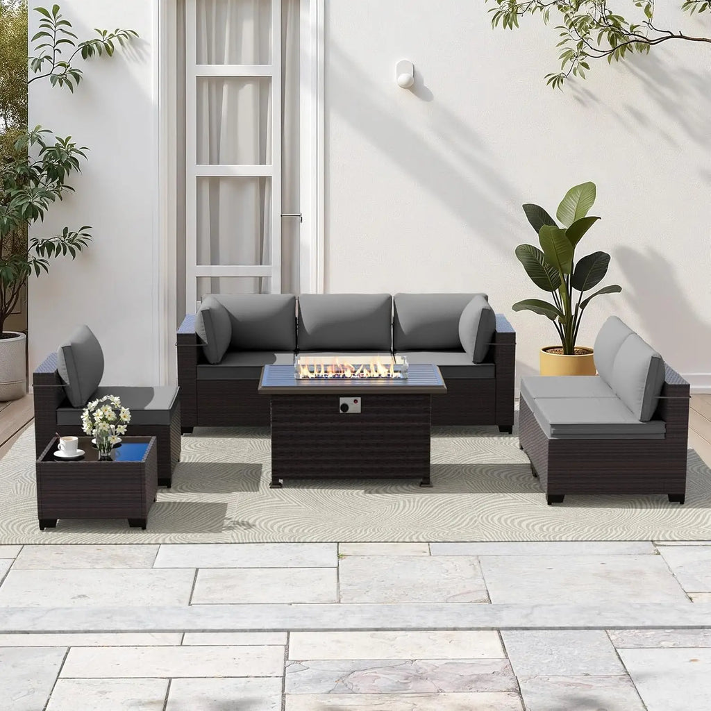8 Pieces Patio Furniture Set with Fire Pit Table, All Weather Rattan Outdoor Furniture with 29.5'' High Backrest, Customized