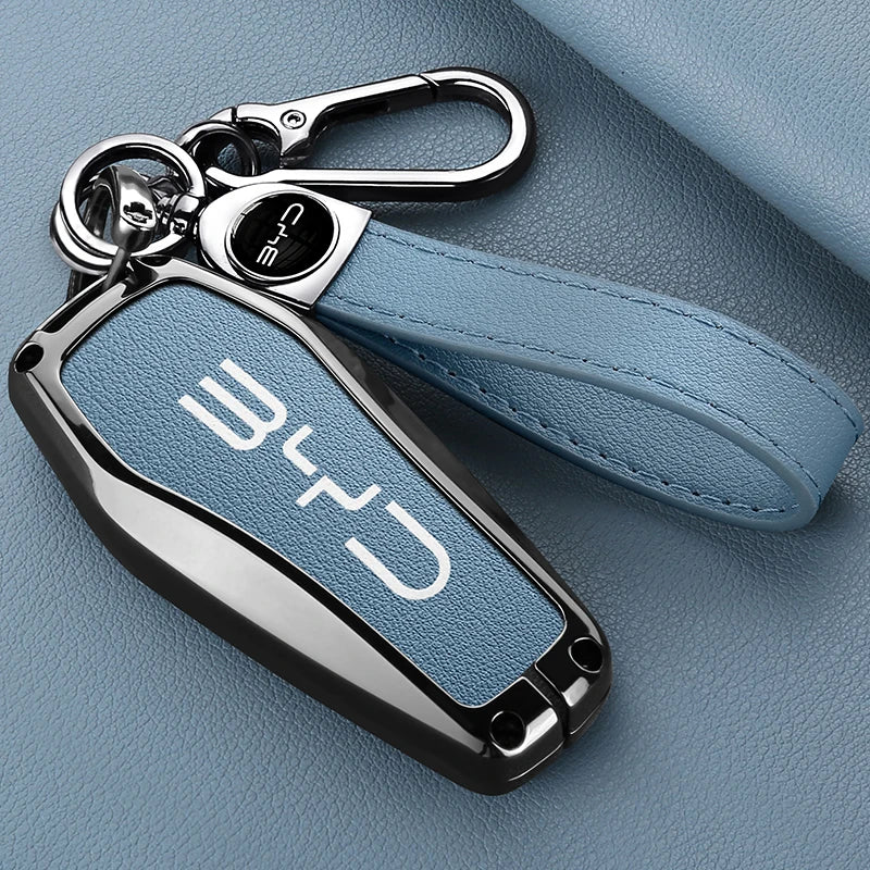 Alloy Leather Car Smart Remote Key Case Cover Emblem Accessories For BYD Song Pro Tang Dmi QIn PLUS MAX Yuan EV Dolphin Seagull