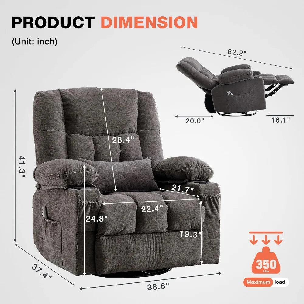 Massage Swivel Recliner Chair with Vibration Massage and Lumbar Heating for Adults,Oversized Rocker Recliner Single Sofa