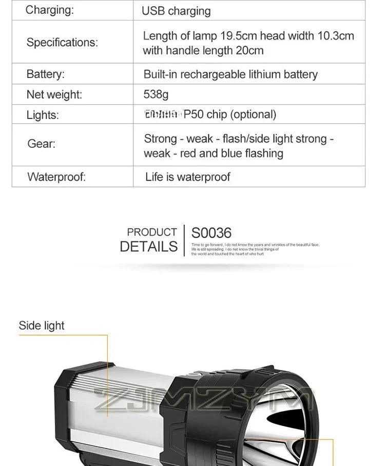 Super Bright Searchlight Powerful Rechargeable Flashlight LED Work Light Long Lasting Spotlight Camping Lantern With Side Light