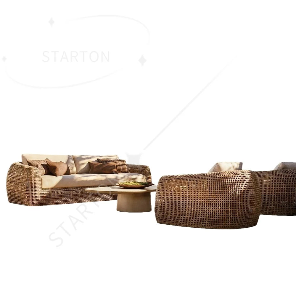 Modern Stylish PE Rattan Sofa Natural Wood Finish High-End Outdoor Patio Furniture Sets for Hotels Villas
