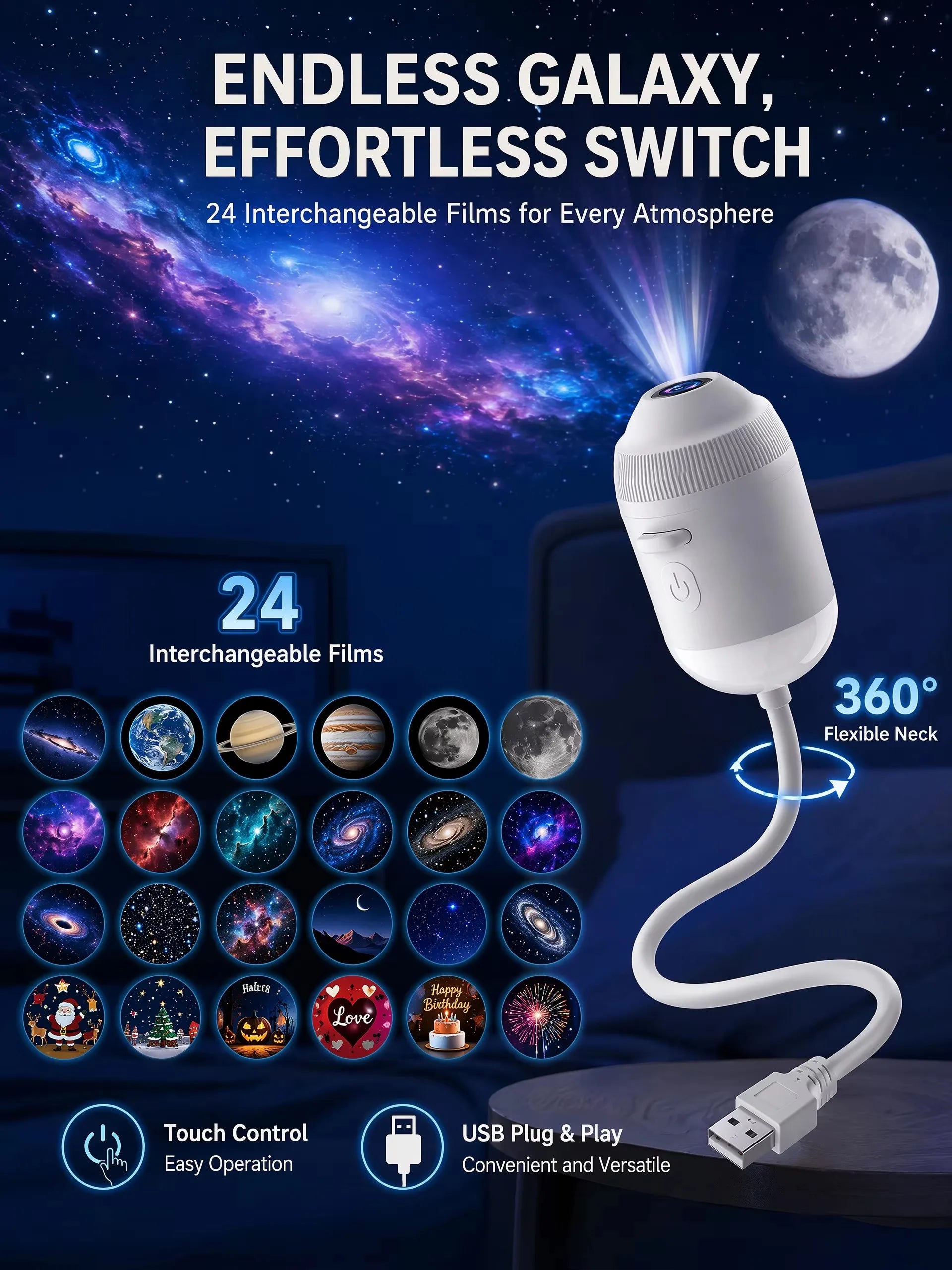 24 Projection Slides USB Plug-in Galaxy Star Projector Night Light Nebula Aurora Starry Sky Projector Light For Bedroom Decor