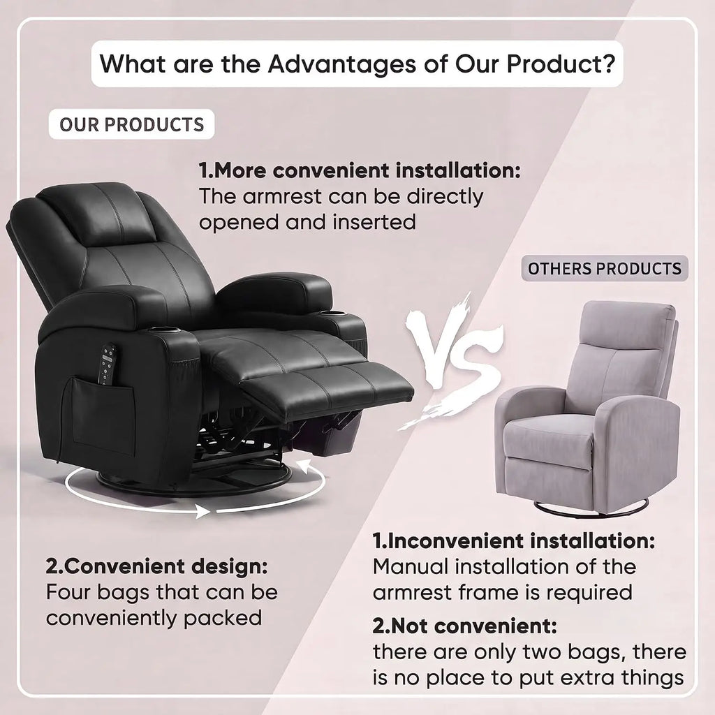 Recliner Chair, 360° Swivel Rocker Chair for Adults, Rocking Recliner Chair with Massage, Comfy Single Sofa with Side, Custom