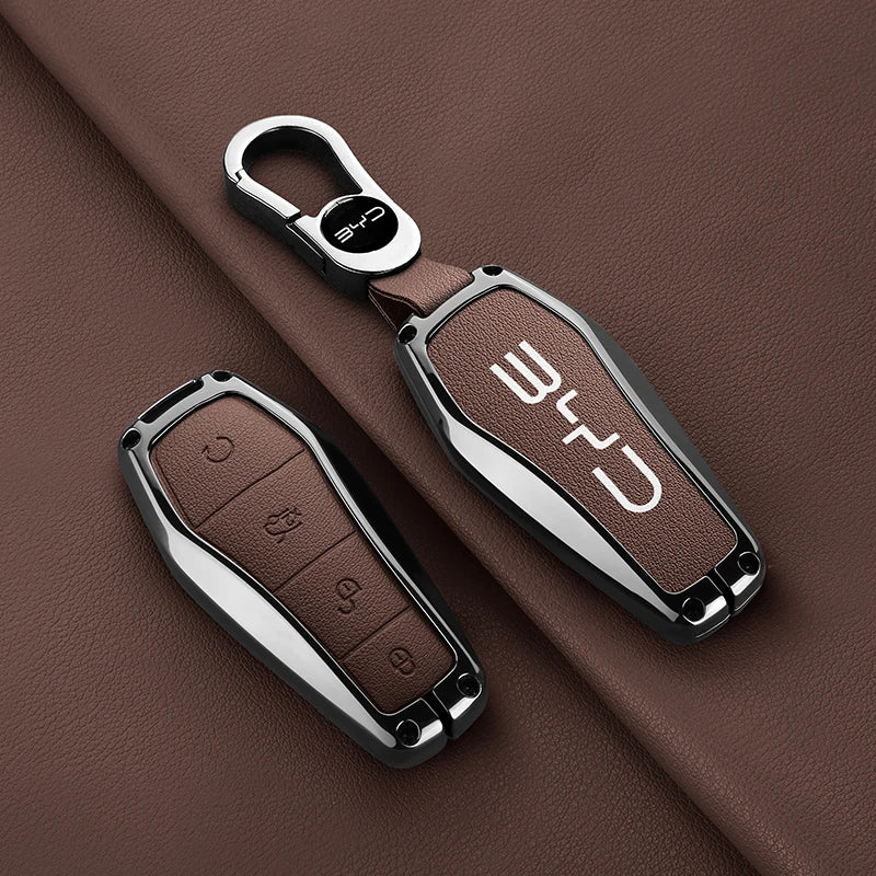 Alloy Leather Car Smart Remote Key Case Cover Emblem Accessories For BYD Song Pro Tang Dmi QIn PLUS MAX Yuan EV Dolphin Seagull