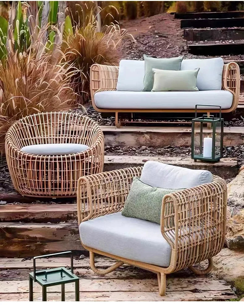 Outdoor rattan sofa coffee table combination courtyard garden terrace casual woven rattan chair outdoor waterproof and sunscreen