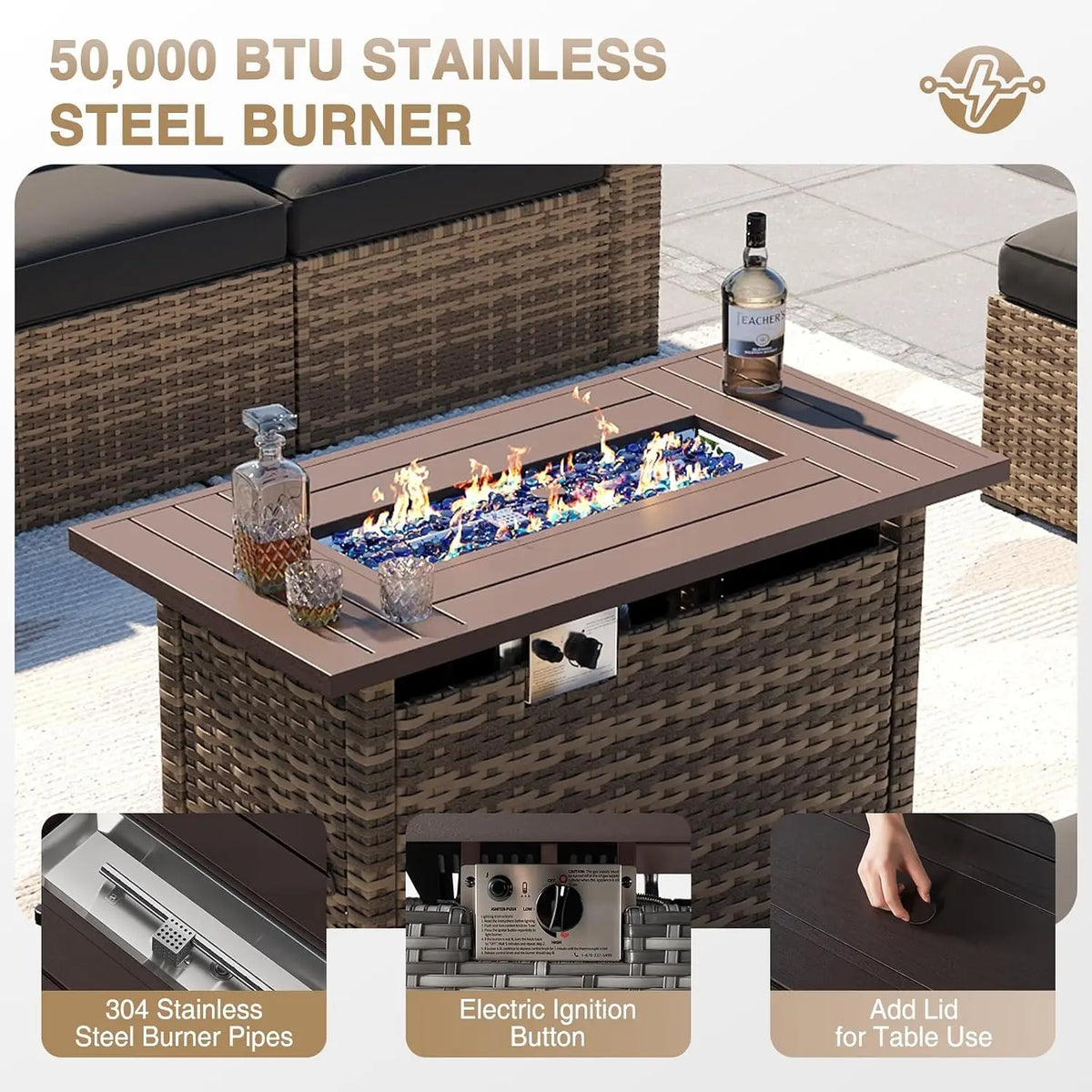 8-Piece Wicker Patio Furniture Set with 44" Propane Gas Fire Pit Table, Sectional Sofa for Backyard Poolside Garden, Customized