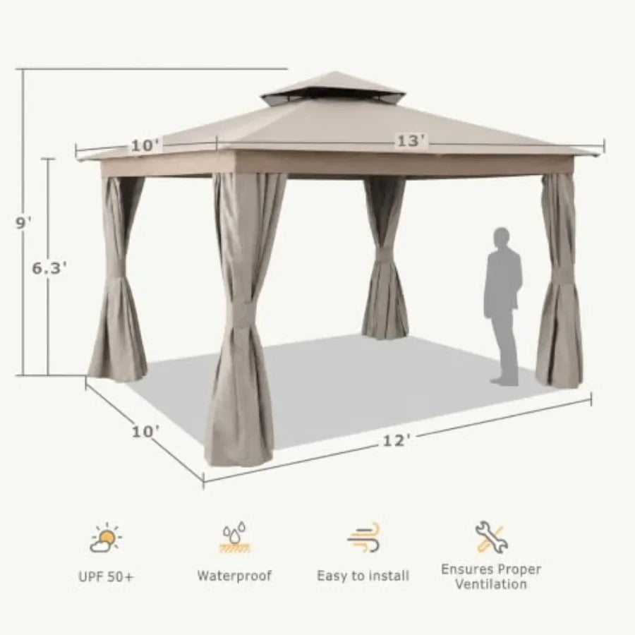 10'x12' Outdoor Patio Gazebo Canopy with Double Roofs and Mosquito Nettings