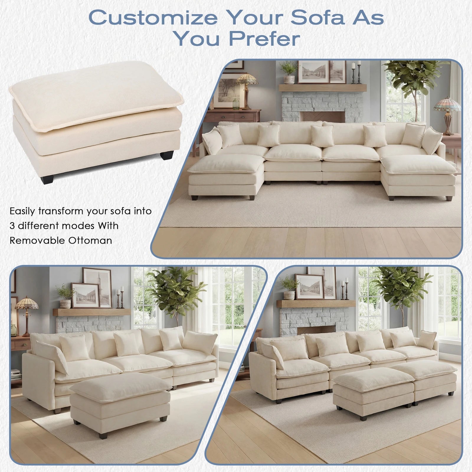 Redlife 113.4" Modular Sectional Sofa with Ottoman, Comfy Cloud Couch with Deep Seat (23.6" D), Solid Wood Frame,for Living Room