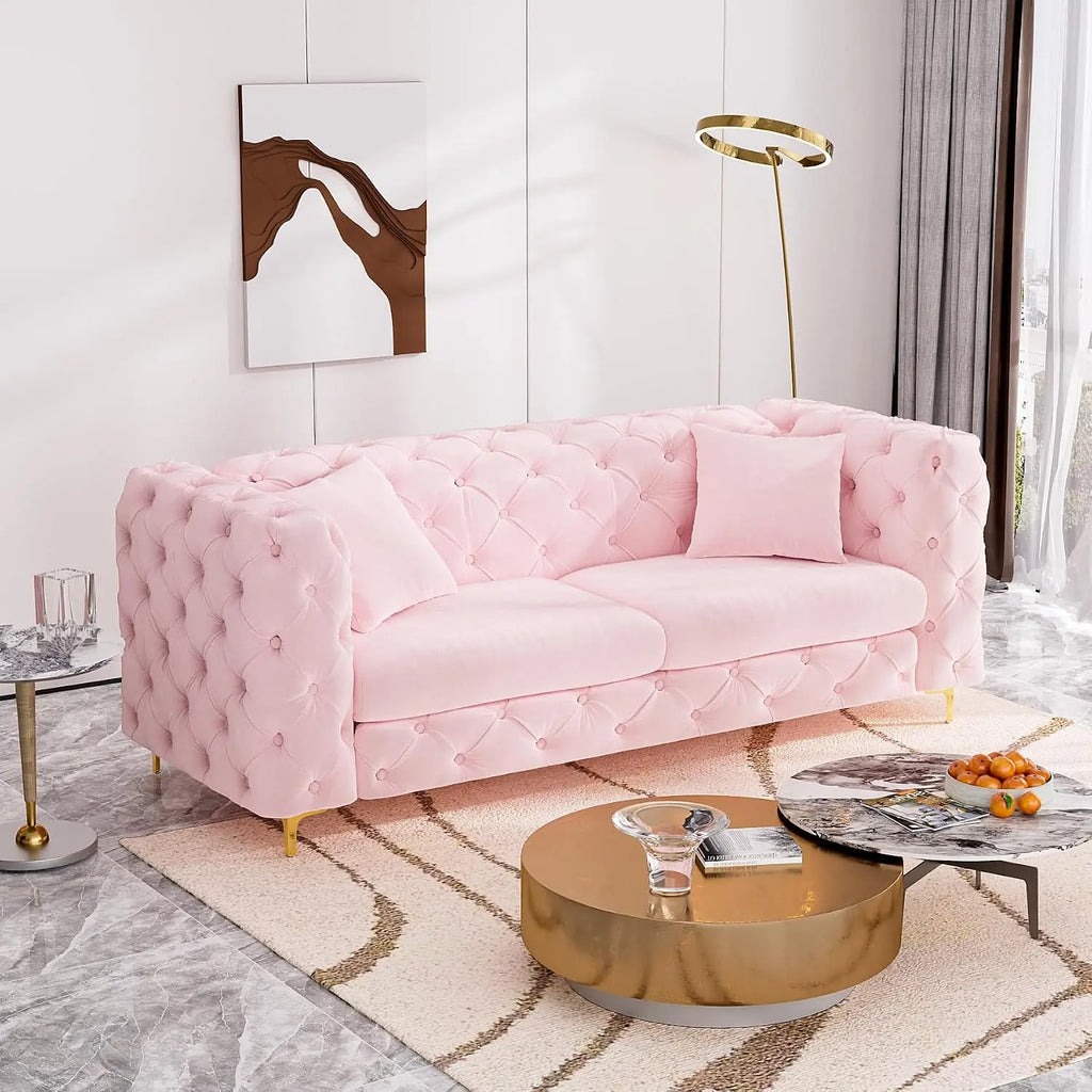 75" Mid Century Modern Tufted Velvet Sofa Gold Legs, Customized