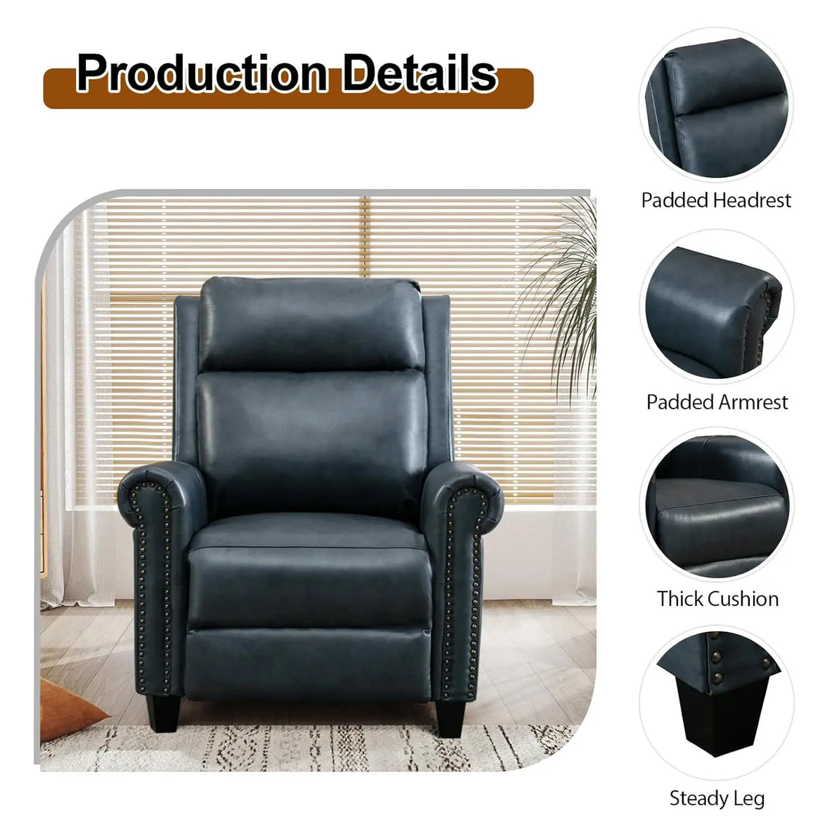 Classic Leather Push Back Recliner Chair, Comfort Arms & Back, Living Room, Custom