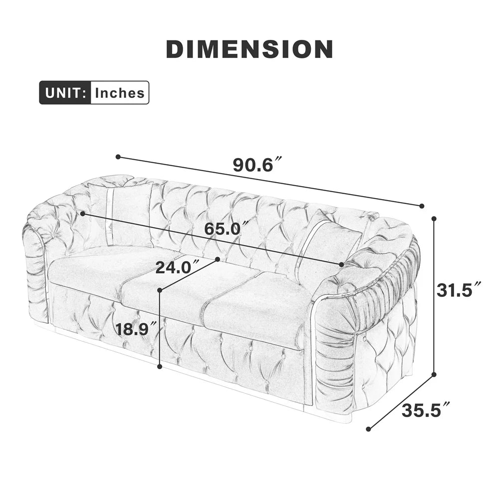 Custom Velvet Button Tufted Sofa Couch with 2 Pillows 3 Seater Luxury Chesterfield Sofa Set with Gold Stainless Steel Accents