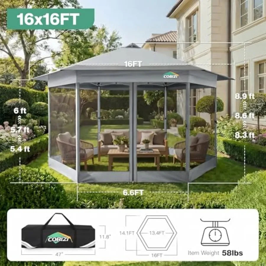 16x16 Pop Up Gazebo with Mosquito Netting, Waterproof, Light Gray
