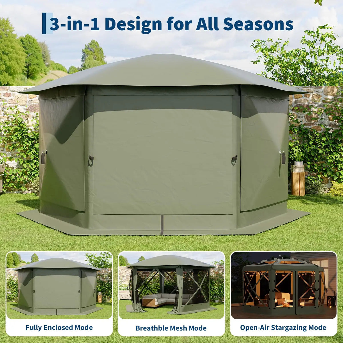 Portable Collapsible Gazebo Screen Tent – 6-Sided, 13FT/11FT, Removable Canopy Top, Bite-Proof Mesh, All-Weather Outdoor Shelter for Camping, Patio, Backyard