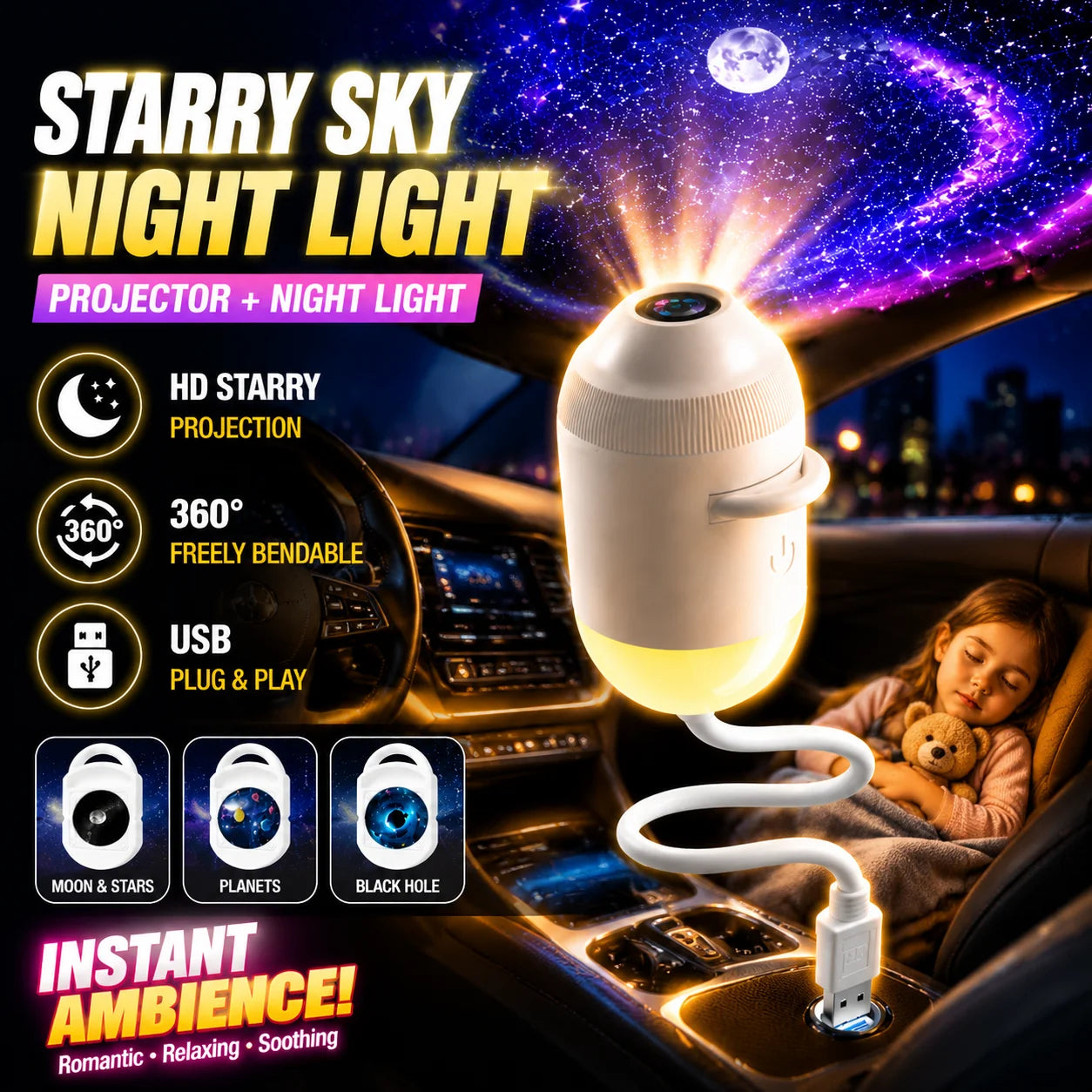 USB Starry Sky Projector Night Light 360 Bendable Touch Dimmable Moon Planet Galaxy Projection Lamp Plug Play Bedroom Decor Lamp