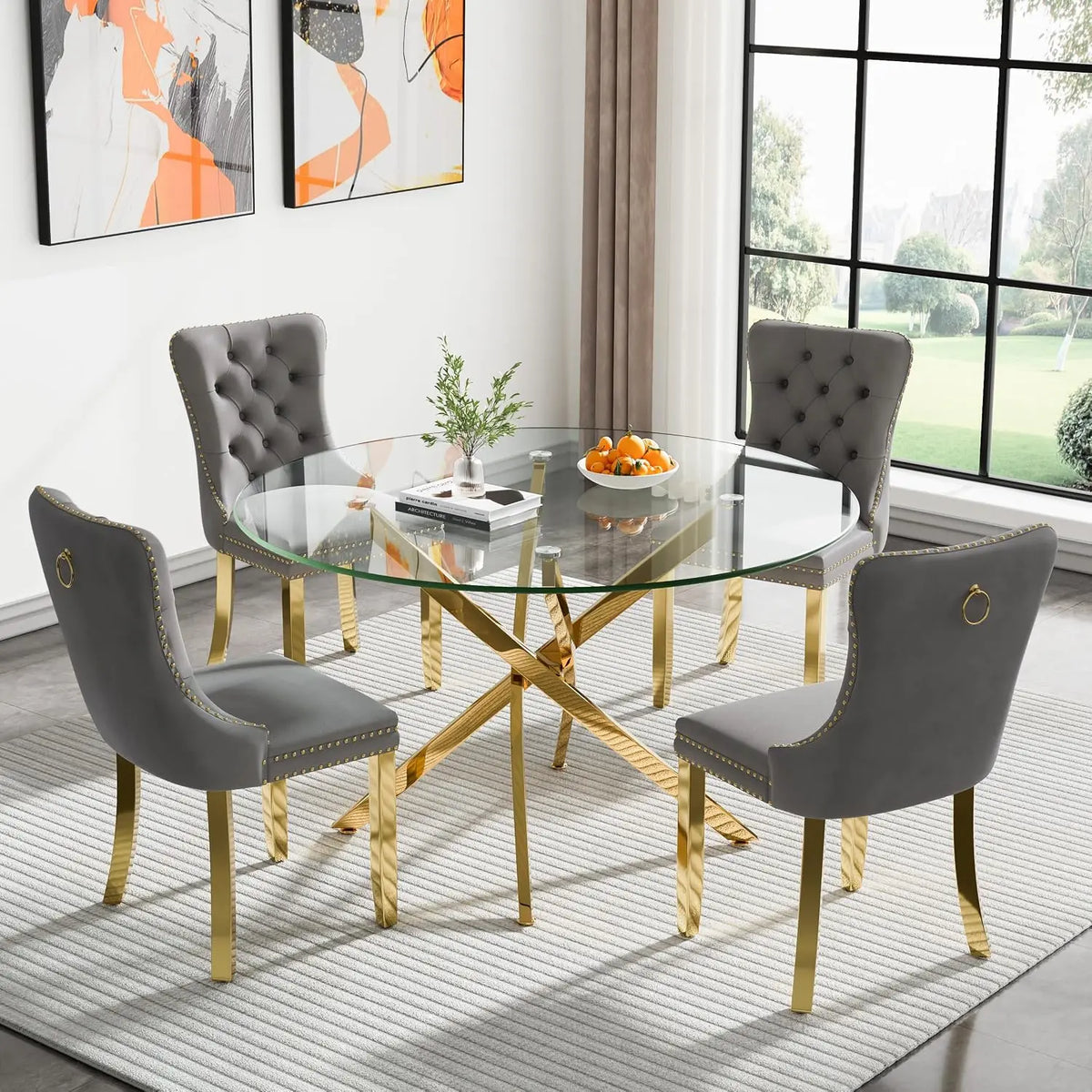5-Piece Round Glass Dining Table Set for 4, 47.2" Circle Table with 4 Tufted Chairs for Kitchen Home Office, Customized